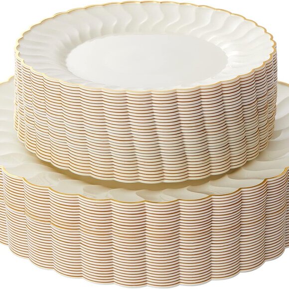 60PCS Ivory Scalloped Plastic Plates with Elegant Gold Rim for Weddings